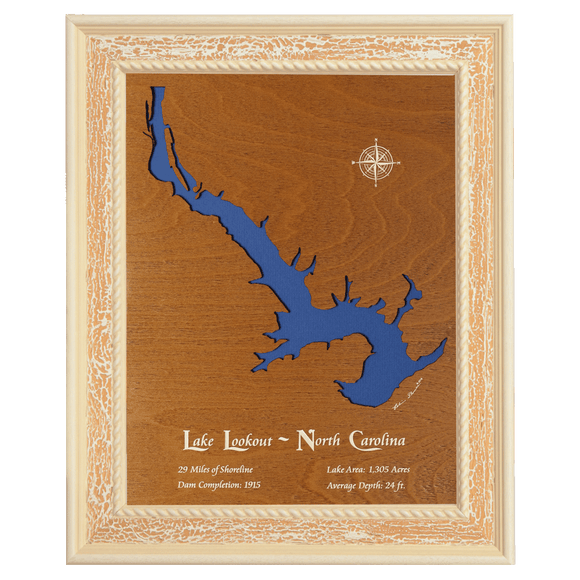 Lake Lookout, North Carolina Stained Wood and Distressed White Frame Lake Map Silhouette