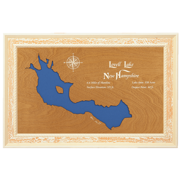 Lovell Lake, New Hampshire Stained Wood and Distressed White Frame Lake Map Silhouette