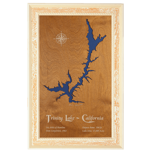 Trinity Lake, California Stained Wood and Distressed White Frame Lake Map Silhouette