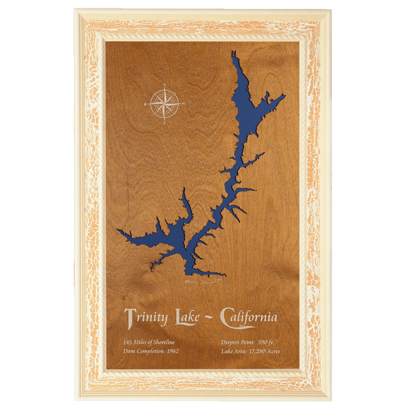 Trinity Lake, California Stained Wood and Distressed White Frame Lake Map Silhouette