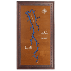 Kentucky Lake and Lake Barkley, Kentucky and Tennessee Stained Wood and Dark Walnut Frame Lake Map Silhouette