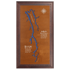 Kentucky Lake and Lake Barkley, Kentucky and Tennessee Stained Wood and Dark Walnut Frame Lake Map Silhouette