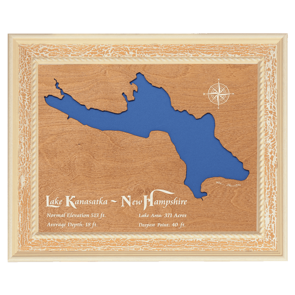 Lake Kanasatka, New Hampshire Stained Wood and Distressed White Frame Lake Map Silhouette