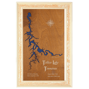 Tellico Lake, Tennessee Stained Wood and Distressed White Frame Lake Map Silhouette