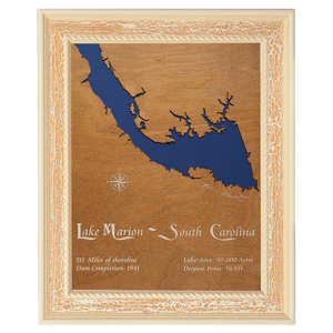 Lake Marion, South Carolina Stained Wood and Distressed White Frame Lake Map Silhouette