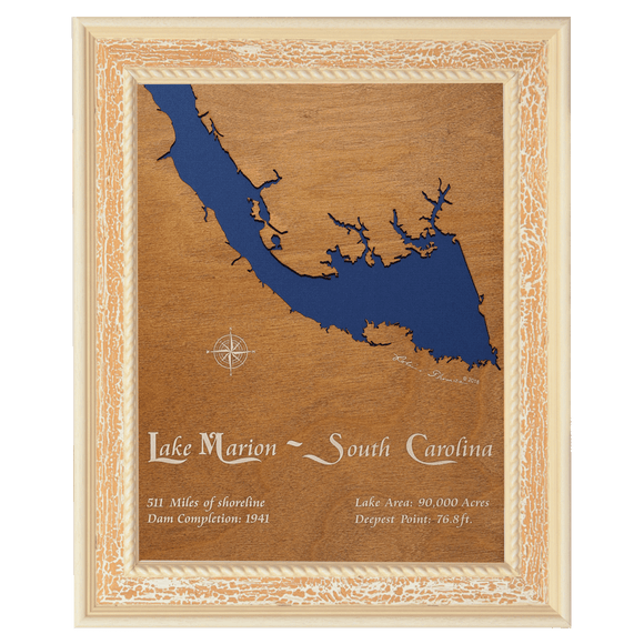 Lake Marion, South Carolina Stained Wood and Distressed White Frame Lake Map Silhouette