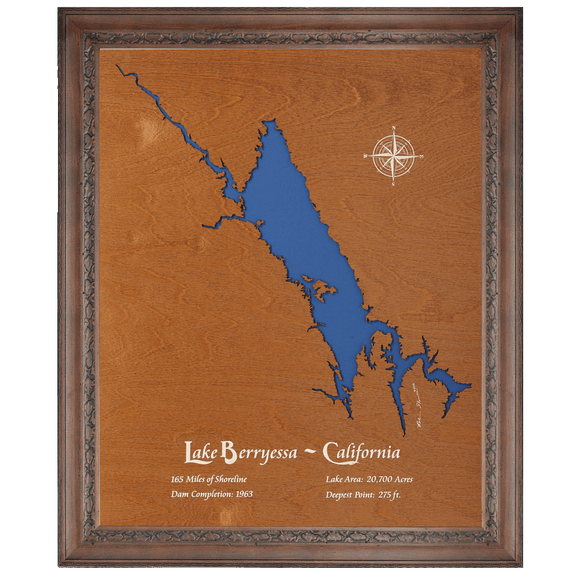 Lake Berryessa, California Stained Wood and Dark Walnut Frame Lake Map Silhouette