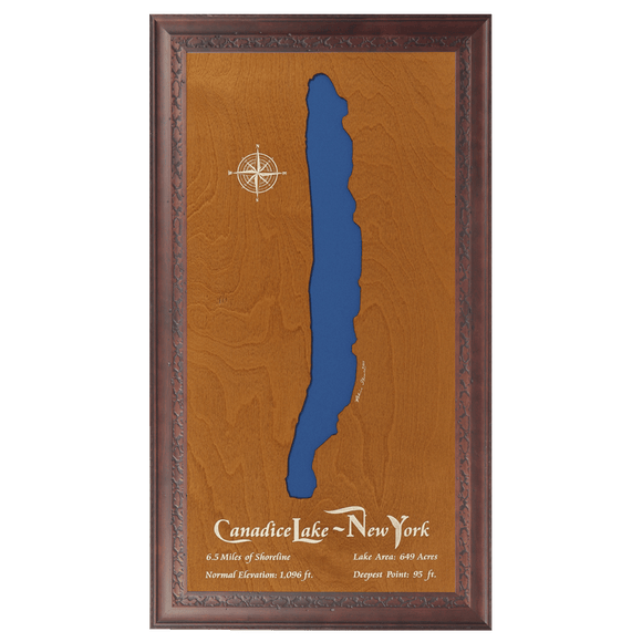 Canadice Lake, New York Stained Wood and Dark Walnut Frame Lake Map Silhouette