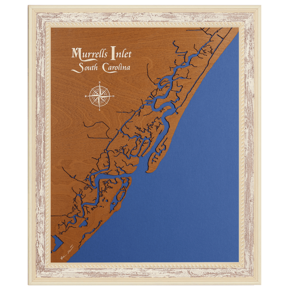 Murrells Inlet, South Carolina Stained Wood and Distressed White Frame Lake Map Silhouette