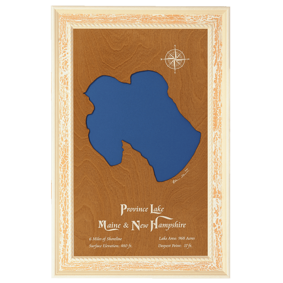 Province Lake, Maine & New Hampshire Stained Wood and Distressed White Frame Lake Map Silhouette