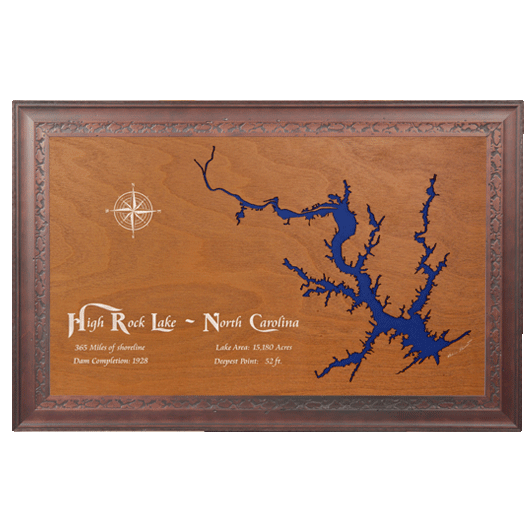 High Rock Lake, North Carolina Stained Wood and Dark Walnut Frame Lake Map Silhouette