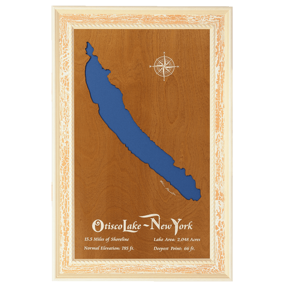 Otisco Lake, New York Stained Wood and Distressed White Frame Lake Map Silhouette