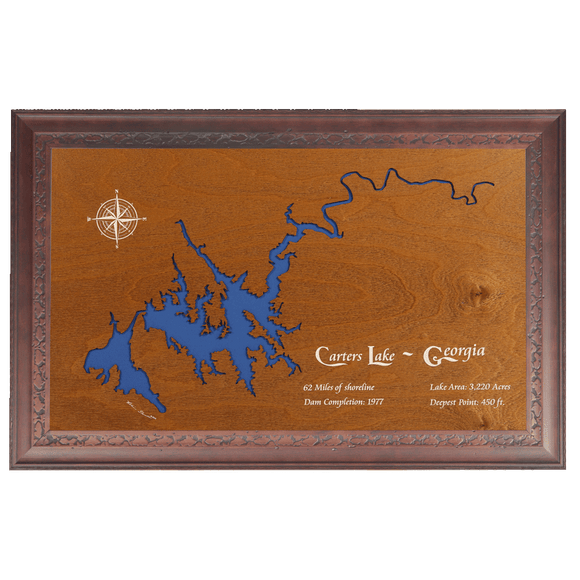 Carters Lake, Georgia Stained Wood and Dark Walnut Frame Lake Map Silhouette