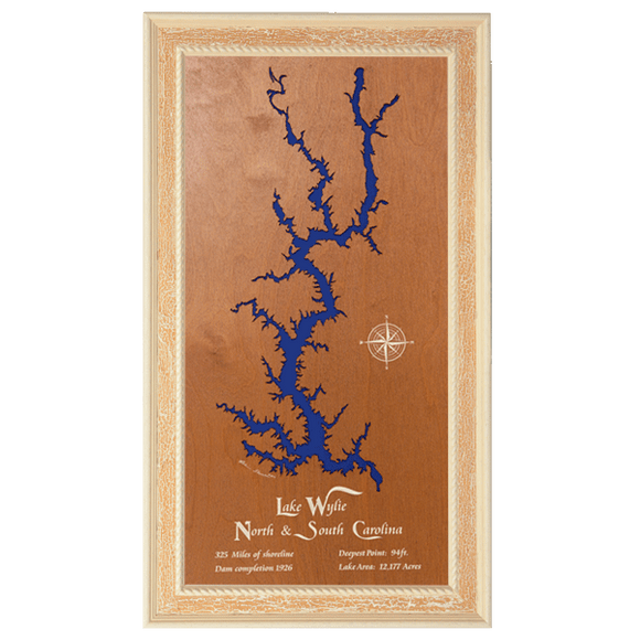 Lake Wylie, North Carolina and South Carolina Stained Wood and Distressed White Frame Lake Map Silhouette