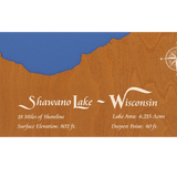 Shawano Lake, Wisconsin Stained Wood and Distressed White Frame Lake Map Silhouette