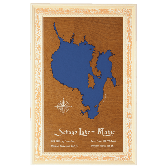 Sebago Lake, Maine Stained Wood and Distressed White Frame Lake Map Silhouette