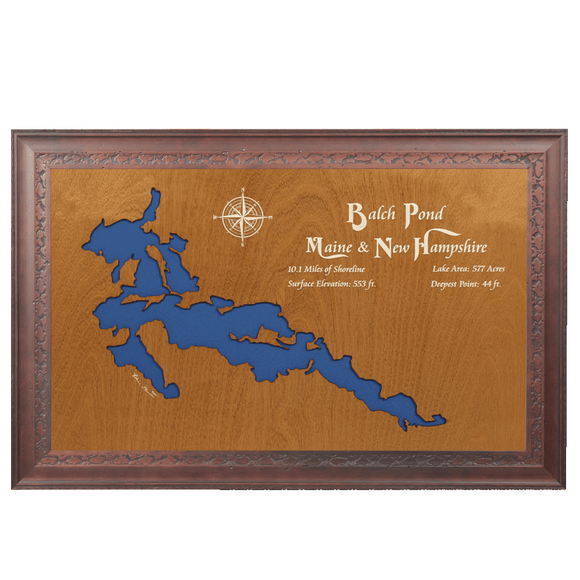 Balch Pond, Maine and New Hampshire Stained Wood and Dark Walnut Frame Lake Map Silhouette