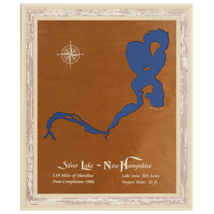 Silver Lake, Tilton and Belmont, New Hampshire Stained Wood and Distressed White Frame Lake Map Silhouette