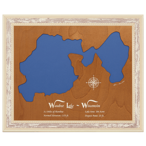 Waubee Lake, Wisconsin Stained Wood and Distressed White Frame Lake Map Silhouette