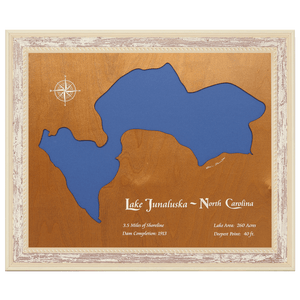 Lake Junaluska, North Carolina Stained Wood and Distressed White Frame Lake Map Silhouette