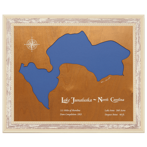 Lake Junaluska, North Carolina Stained Wood and Distressed White Frame Lake Map Silhouette