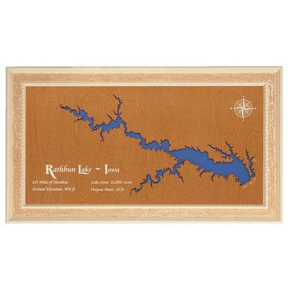Rathbun Lake, Iowa Stained Wood and Distressed White Frame Lake Map Silhouette