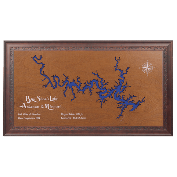Bull Shoals Lake, Arkansas and Missouri Stained Wood and Dark Walnut Frame Lake Map Silhouette