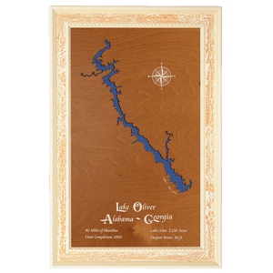 Lake Oliver, Alabama and Georgia Stained Wood and Distressed White Frame Lake Map Silhouette