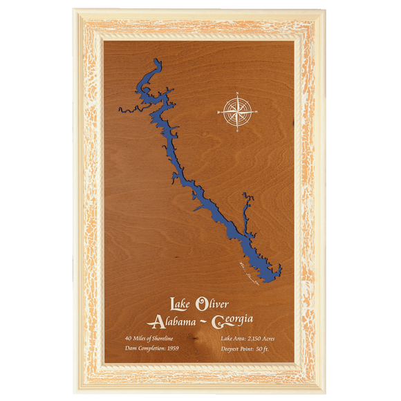 Lake Oliver, Alabama and Georgia Stained Wood and Distressed White Frame Lake Map Silhouette