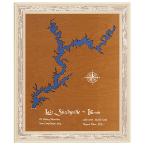 Lake Shelbyville, Illinois Stained Wood and Distressed White Frame Lake Map Silhouette