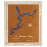 Lake Shelbyville, Illinois Stained Wood and Distressed White Frame Lake Map Silhouette