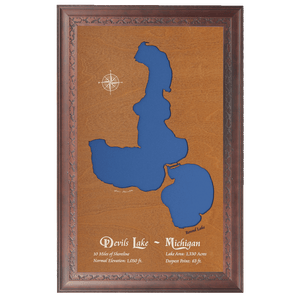 Devils Lake, Michigan Stained Wood and Dark Walnut Frame Lake Map Silhouette
