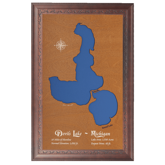 Devils Lake, Michigan Stained Wood and Dark Walnut Frame Lake Map Silhouette