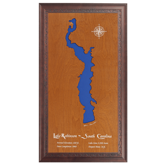 Lake Robinson, Hartsville, South Carolina Stained Wood and Dark Walnut Frame Lake Map Silhouette