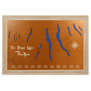 The Finger Lakes, New York Stained Wood and Distressed White Frame Lake Map Silhouette