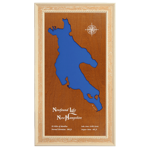 Newfound Lake, New Hampshire Stained Wood and Distressed White Frame Lake Map Silhouette