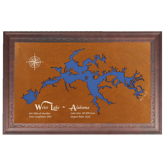 Weiss Lake, Alabama Stained Wood and Dark Walnut Frame Lake Map Silhouette