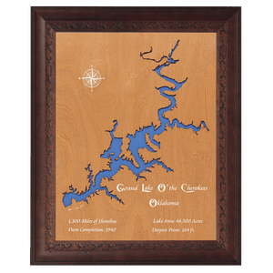 Grand Lake O' the Cherokees, Oklahoma Stained Wood and Dark Walnut Frame Lake Map Silhouette