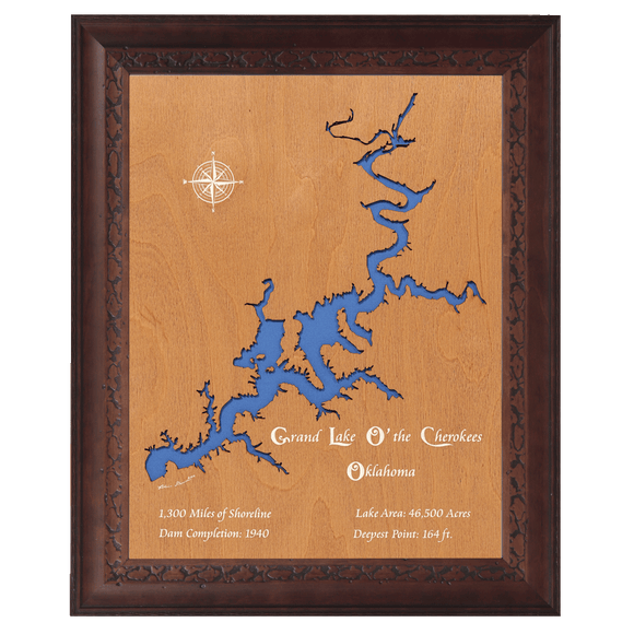 Grand Lake O' the Cherokees, Oklahoma Stained Wood and Dark Walnut Frame Lake Map Silhouette