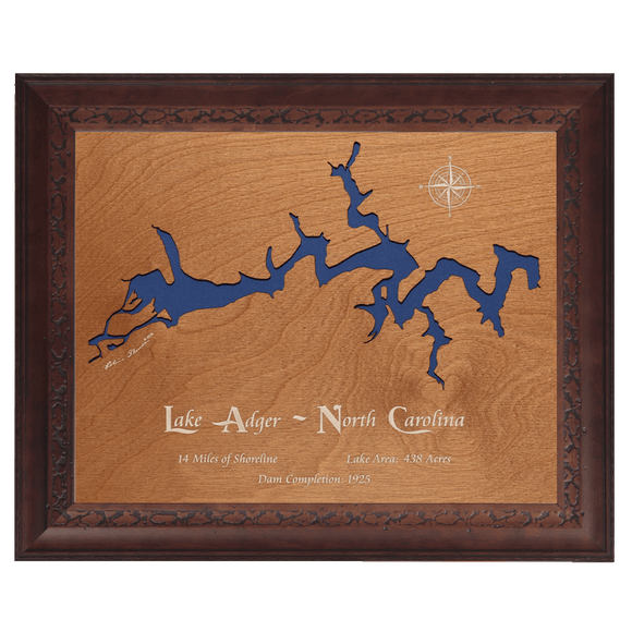Lake Adger, North Carolina Stained Wood and Dark Walnut Frame Lake Map Silhouette