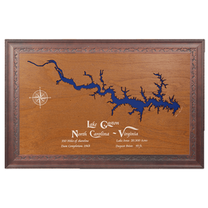 Lake Gaston, North Carolina and Virginia Stained Wood and Dark Walnut Frame Lake Map Silhouette