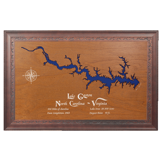 Lake Gaston, North Carolina and Virginia Stained Wood and Dark Walnut Frame Lake Map Silhouette