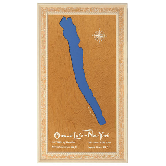 Owasco Lake, New York Stained Wood and Distressed White Frame Lake Map Silhouette