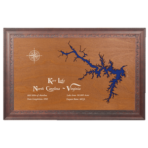 Kerr Lake, North Carolina and Virginia Stained Wood and Dark Walnut Frame Lake Map Silhouette