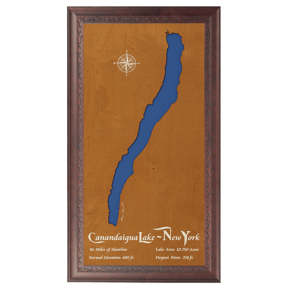Canandaigua Lake, New York Stained Wood and Dark Walnut Frame Lake Map Silhouette