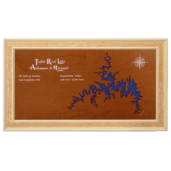 Table Rock Lake, Arkansas and Missouri Stained Wood and Distressed White Frame Lake Map Silhouette