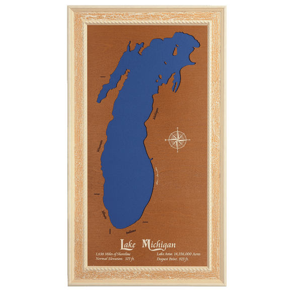 Lake Michigan, Michigan, Wisconsin, Illinois, and Indiana Stained Wood and Distressed White Frame Lake Map Silhouette