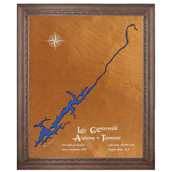 Lake Guntersville, Alabama and Tennessee Stained Wood and Dark Walnut Frame Lake Map Silhouette