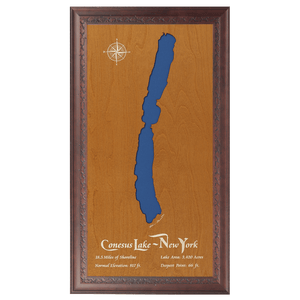 Conesus Lake, New York Stained Wood and Dark Walnut Frame Lake Map Silhouette