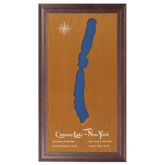 Conesus Lake, New York Stained Wood and Dark Walnut Frame Lake Map Silhouette